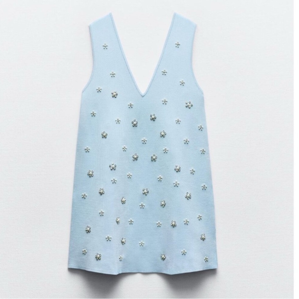 Zara Sky Blue Dress with Pearl Crystal  Details